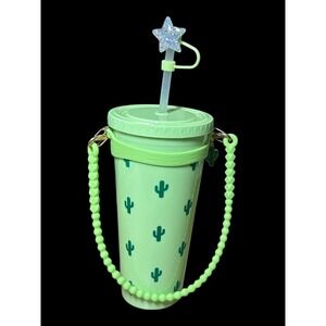 Ulta Cactus Print Tumbler Glitter Star Straw Topper and Beaded Strap Green 8oz